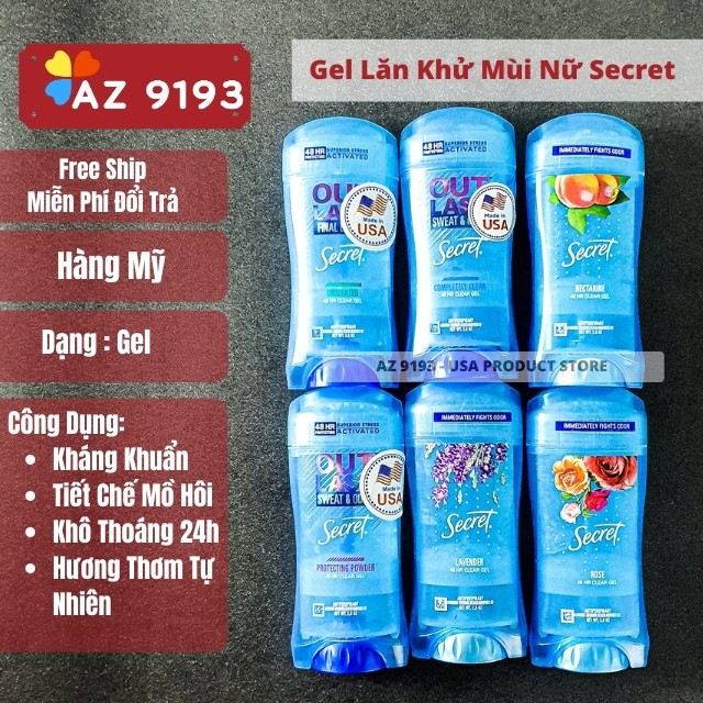 [Hàng Mỹ - Date Mới] Lăn Khử Mùi Nữ Secret, Dạng gel, 73g - Khô Thoáng, Hương Tự Nhiên, Không Vàng Áo - AZ 9193