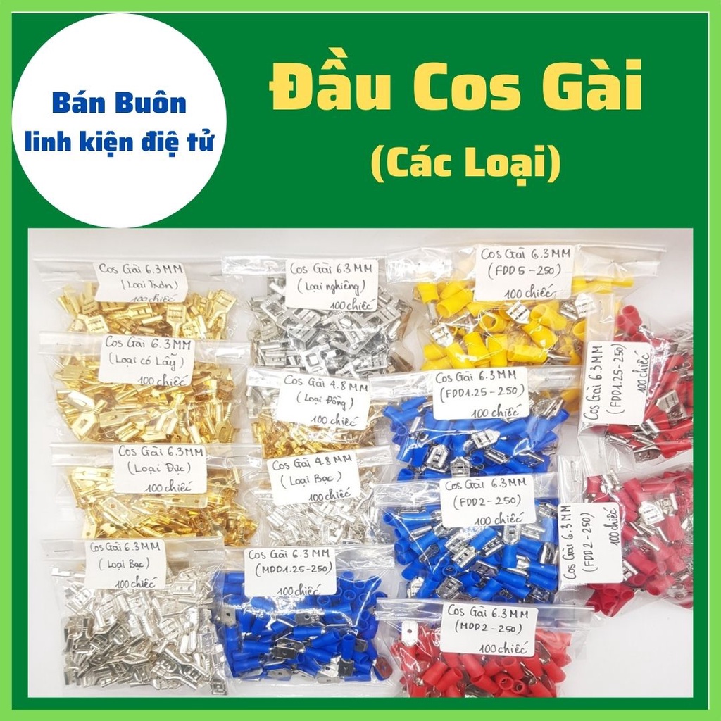 Đầu cos gài 6.3, đầu cos chữ T, cốt kẹp dây điện, cốt nối dây (100 chiếc)