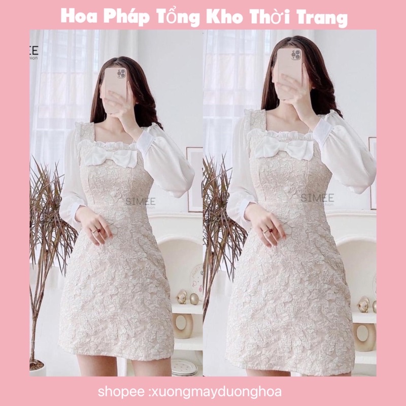 Váy gấm xốp phối nơ ngực phối tay voan siêu xinh