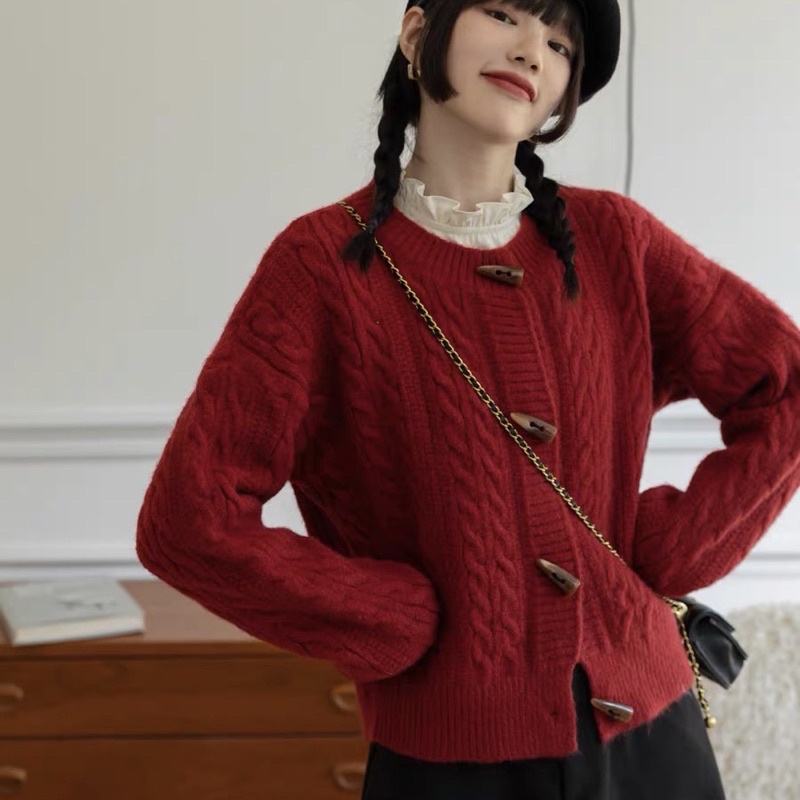 [SẴN] Áo Len Mịn Cardigan Form Vừa Khuy Sừng | Áo Len Đỏ Đô (Kèm Video Và Ảnh Cận Chất) | BigBuy360 - bigbuy360.vn