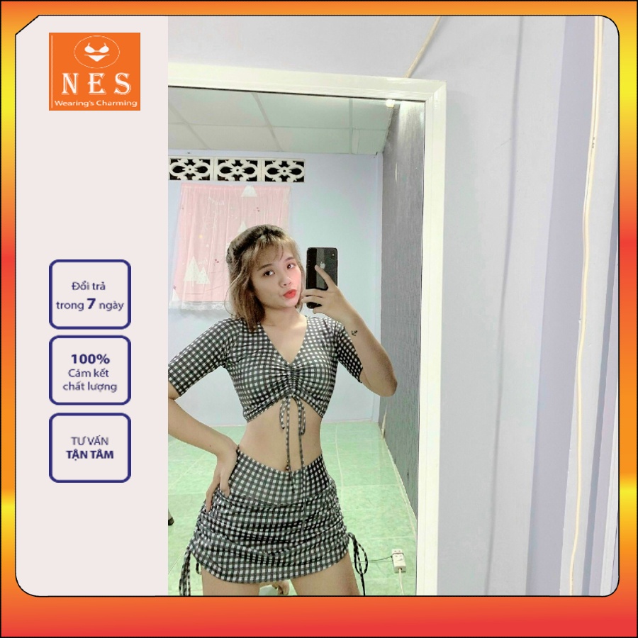 Bikini Bộ Đồ Bơi Nữ NES 2 Mảnh Áo Rút Dây Ngực Caro  Freesize (40-55 Kg) Thun Lạnh Co Giãn 4 Chiều