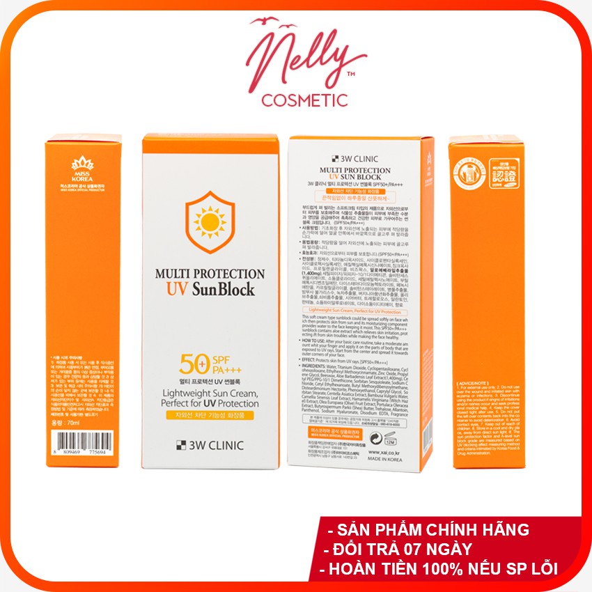 (❤️ GIÁ SALES ❤️) Kem chống nắng 3W Clinic UV Sunblock Cream 70 ml + Tặng 1 Mặt nạ dưỡng da 3W Clinic Fresh Mask Sheet.