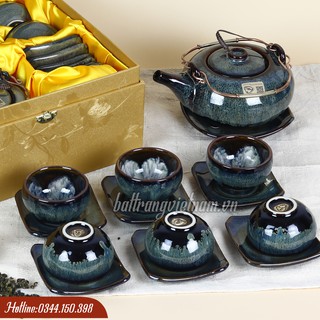 Bộ ấm chén men hỏa biến Bát Tràng dáng Giang Tây chén hoa trắng