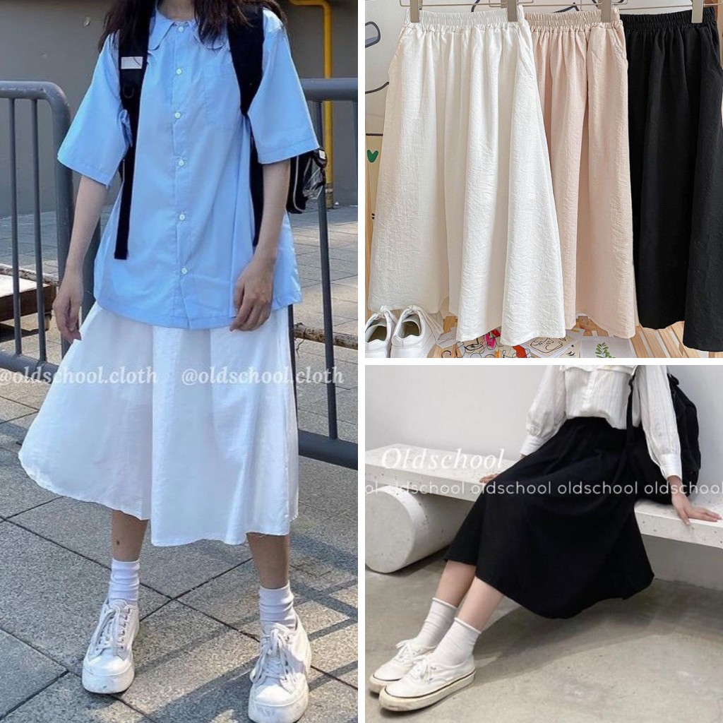 Chân váy đũi trơn dáng xoè cạp chun co giãn