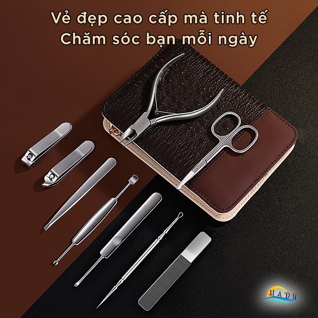 Bộ cắt móng tay cao cấp inox 420 kháng khuẩn, bấm móng tay siêu sắc bền bỉ bao da PU da cá sấu sang trọng HADU