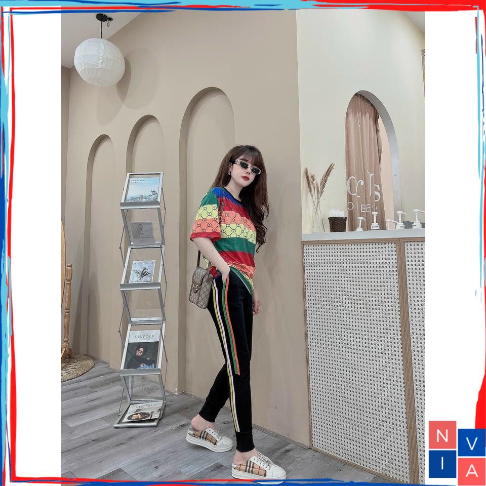 Set nữ đi chơi NA009 đồ bộ nữ bigsize quần dài đen cotton áo thun cổ tròn kẻ sọc nhiều màu sang chảnh mùa hè NIVA