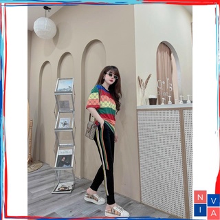 Set nữ đi chơi NA009 đồ bộ nữ bigsize quần dài đen cotton áo thun cổ tròn kẻ sọc nhiều màu sang chảnh mùa hè NIVA