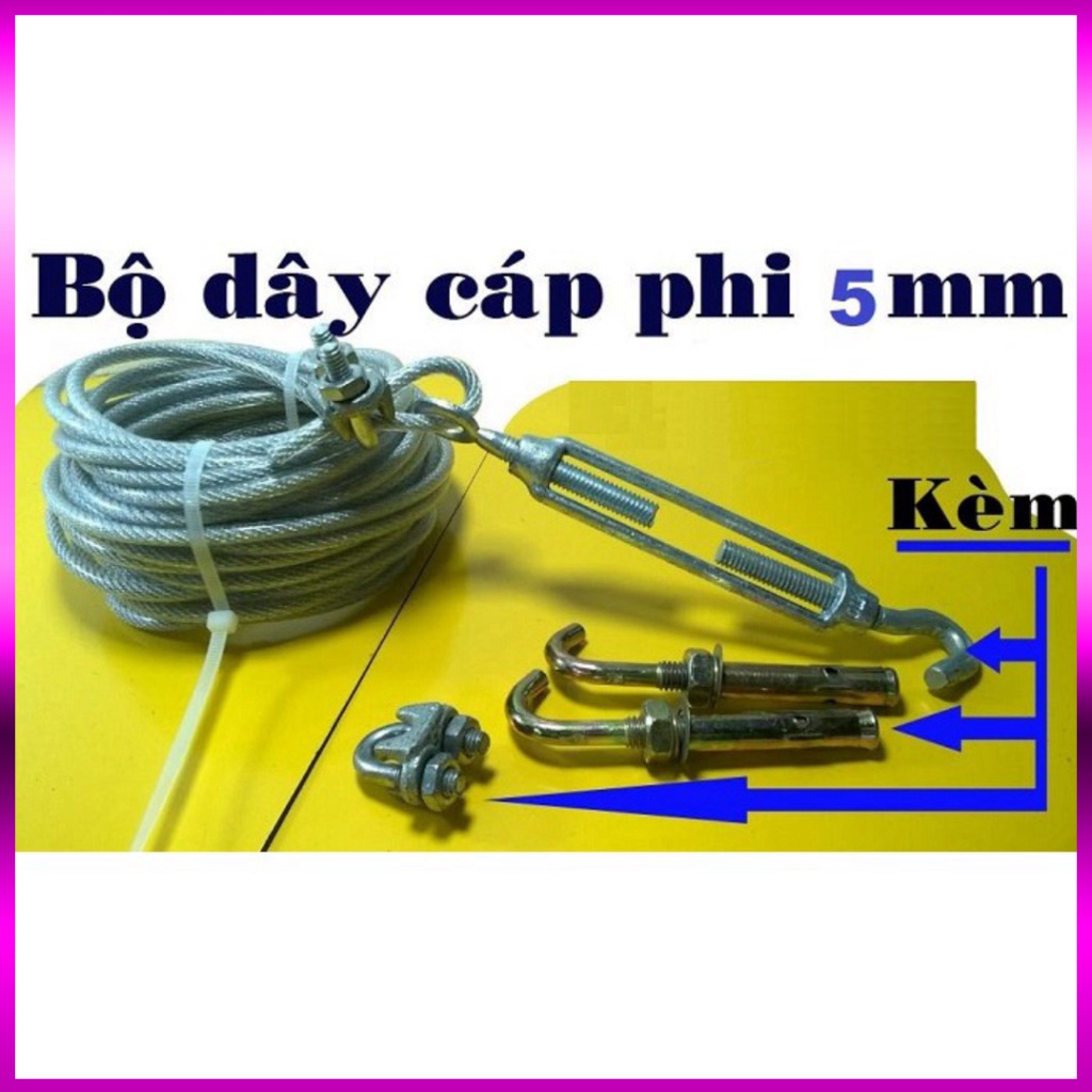 Dây phơi quần áo Phi 5mm, Tặng 2 khóa cáp, 1 tăng đơ, 2 nở móc sắt