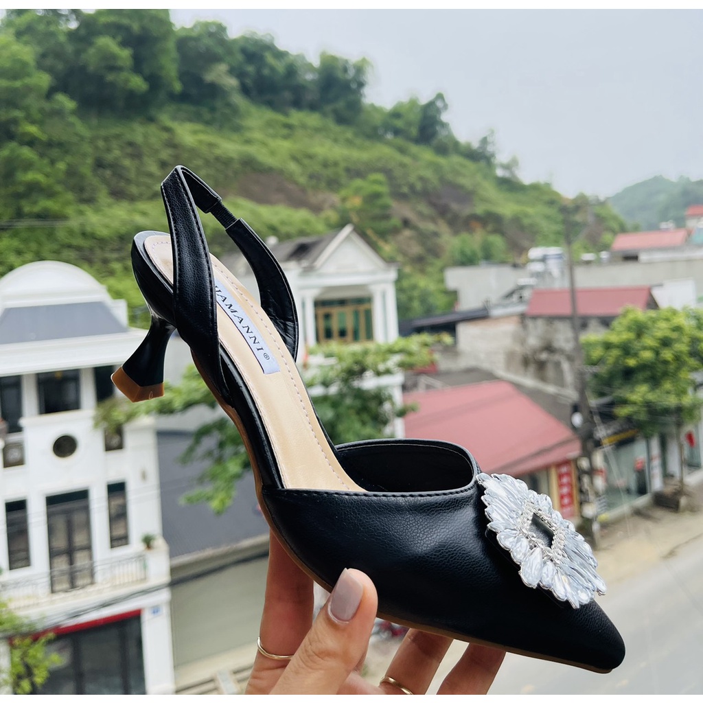 Sandal da mịn bít mũi nhọn nơ đá tròn trắng gót nhọn - 5P