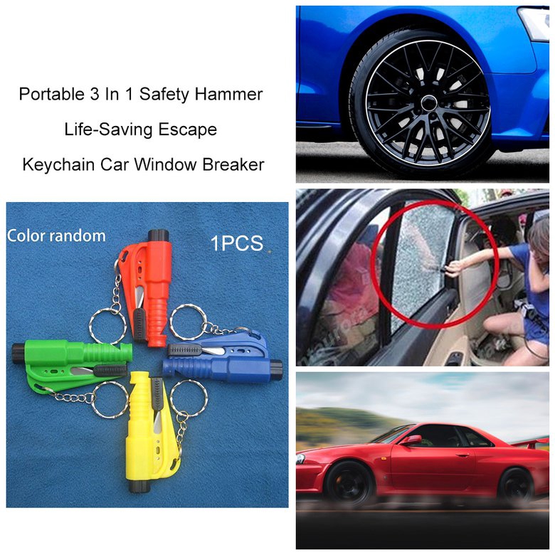 Dụng cụ hỗ trợ phá cửa kính xe hơi bảo vệ an toàn 3 trong 1 có móc chìa khóa tiện dụng