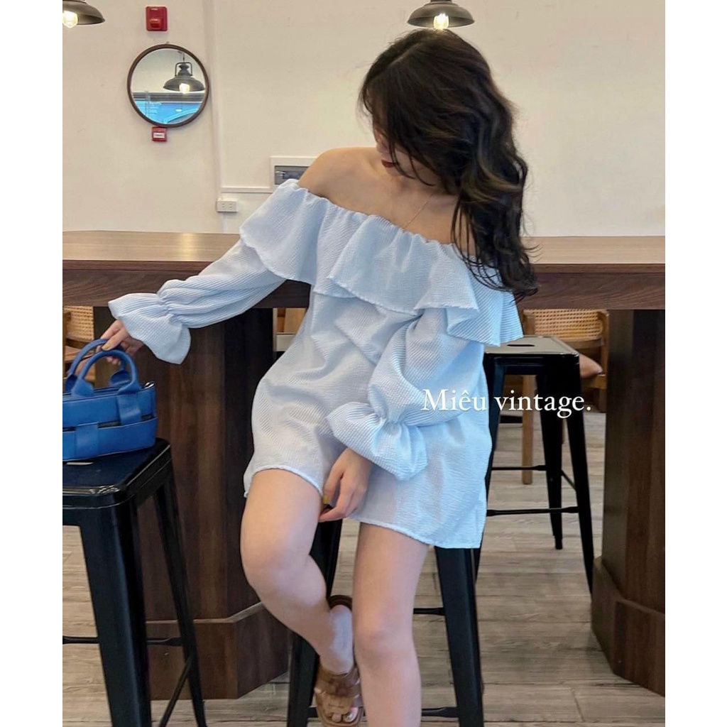 Áo váy trễ vai mặc 2 kiểu xốp nổi XANH tay bồng bèo ngực