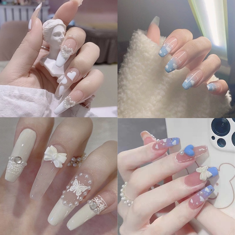 Set 24 móng tay giả màu đen họa tiết hoa/bướm xinh xắn kèm keo dán
