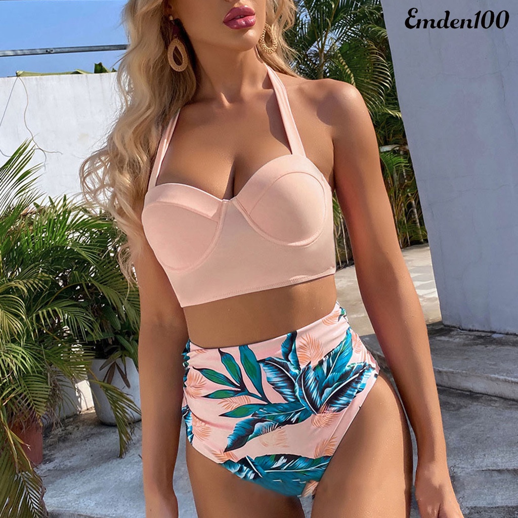 Bộ Bikini 2 Mảnh Hở Lưng Ôm Dáng In Họa Tiết Lá Cây Có Dây Cột