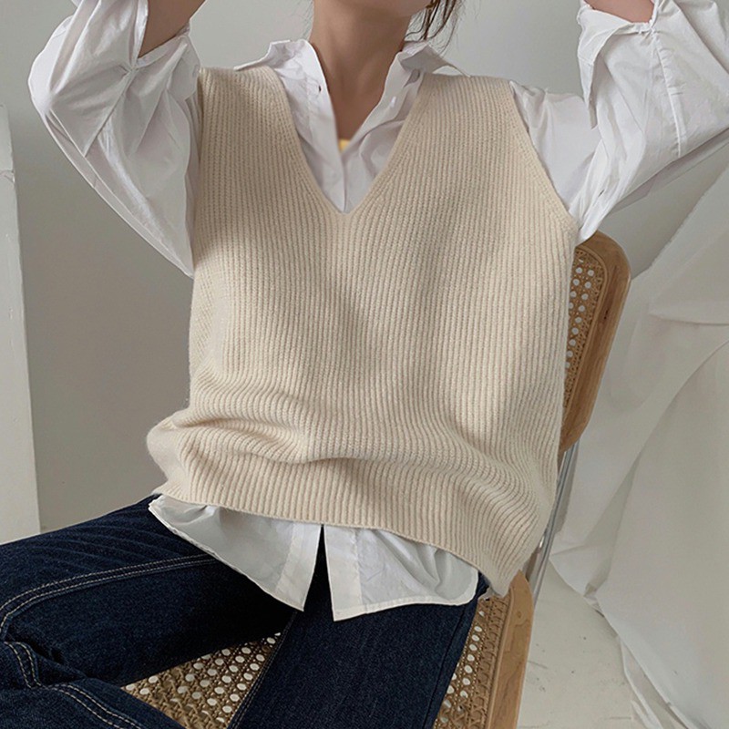 Áo len không tay cổ chữ v form rộng thời trang mùa thu | BigBuy360 - bigbuy360.vn