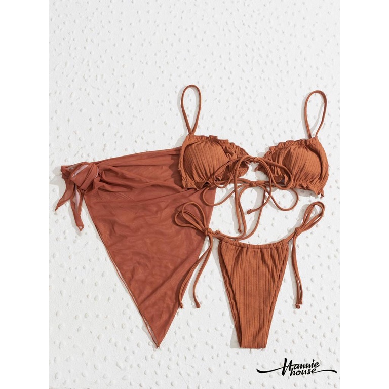 Bộ đồ bơi bikini màu trơn nhún bèo + quần lót ren xuyên thấu + áo ngực gợi cảm cho nữ