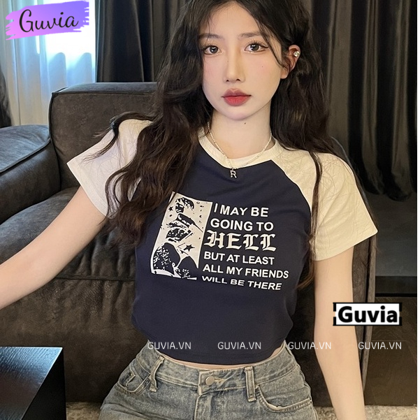 Áo Croptop Ôm Body Nữ HELL Cổ Tròn Tay Ngắn, Áo Thun Croptop Kiểu Sexy In Họa Tiết GUVIA CR58 | BigBuy360 - bigbuy360.vn