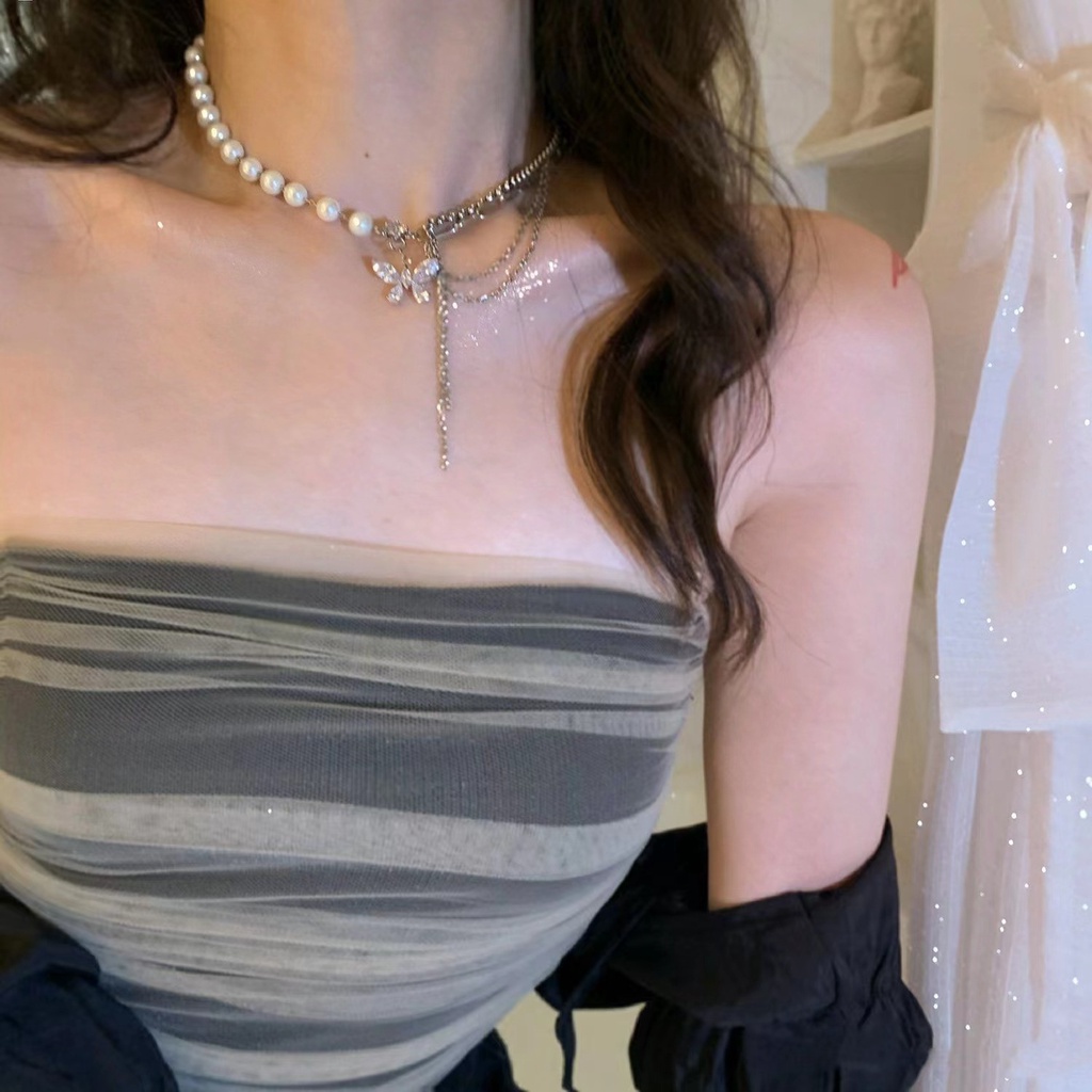 Vòng Cổ Choker Mặt Bướm Đính Đá Zircon Ngọc Trai Giả Ngọt Ngào Và Mát Mẻ