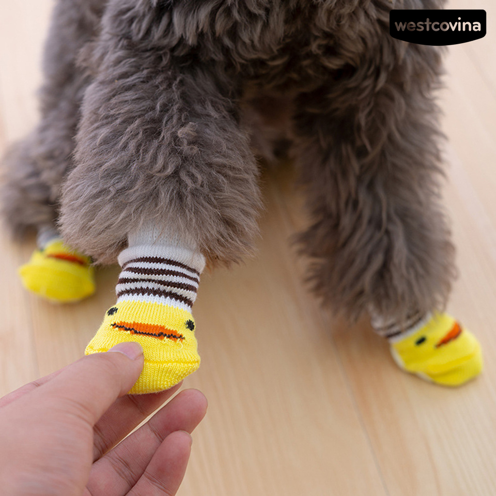 Bộ 4 Đôi Vớ Cotton Giữ Ấm Chống Trượt In Họa Tiết Hoạt Hình Cho Thú Cưng