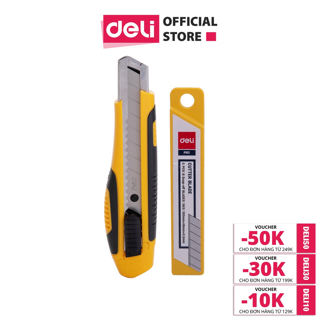 [Mã LIFEDE10 giảm 8% đơn 99K] Dao rọc giấy Deli, cao su mềm kèm hộp lưỡi dao, loại 8 lưỡi tách rời, vàng - 1 cái - E2068