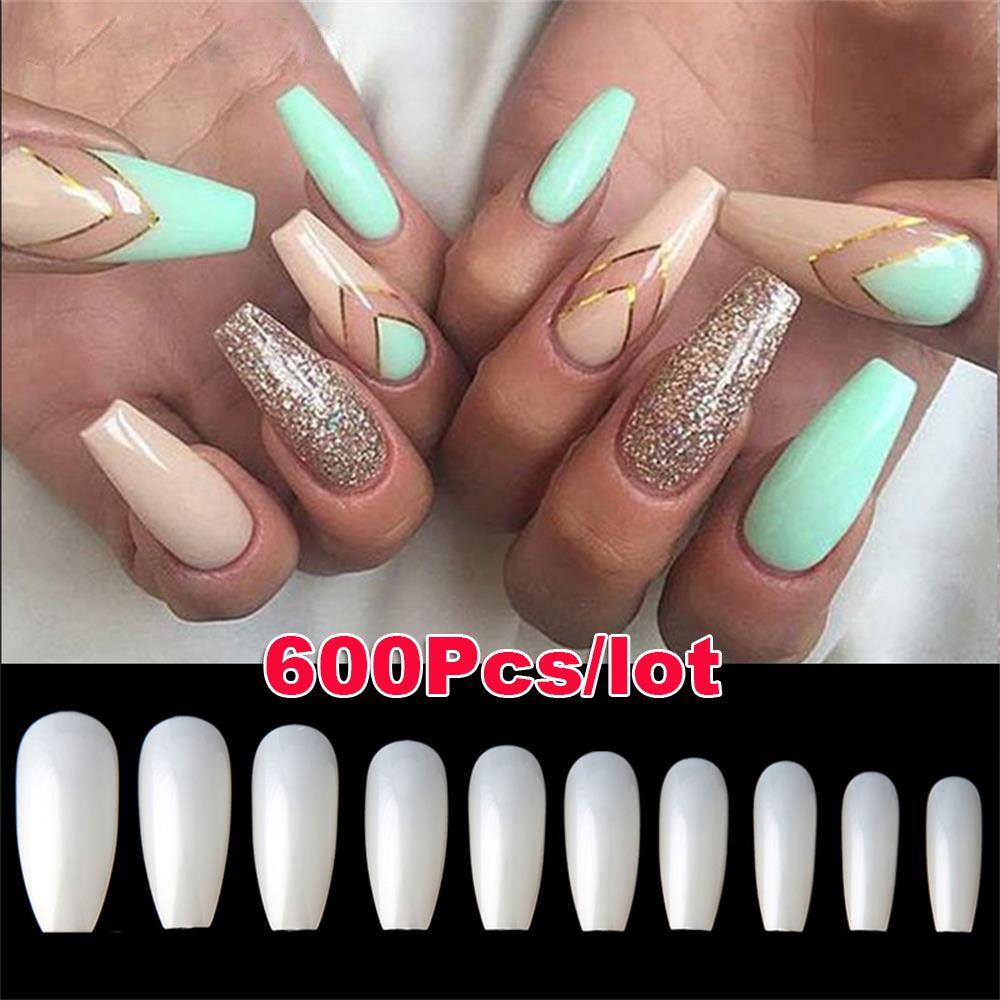 Set 600 Móng Tay Giả Ballerina Nối Dài Che Phủ Toàn Diện Phong Cách Pháp