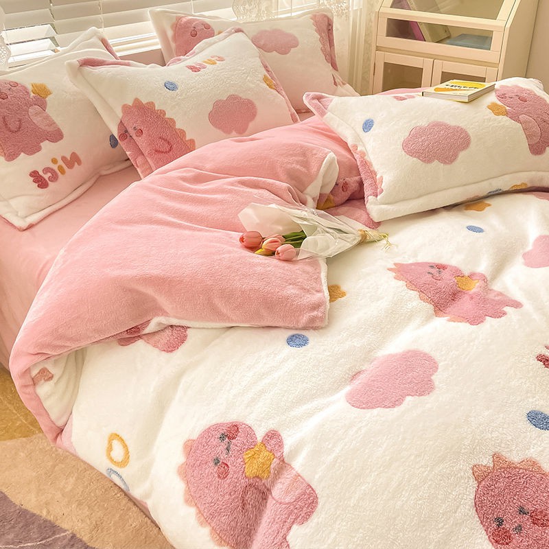 Bộ bốn mảnh lông cừu tuyết, chăn san hô ấm áp mùa đông, hai mặt, đồ giường bằng vải nỉ ba