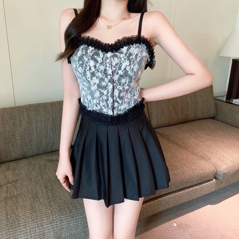 Áo 2 Dây Nữ Ren Hoa Tiểu Thư Đính Hạt Viền Bèo, Chun Sau Dáng Croptop Siêu Sang Chảnh Có Mút Ngực 1202 chất đẹp, thoáng