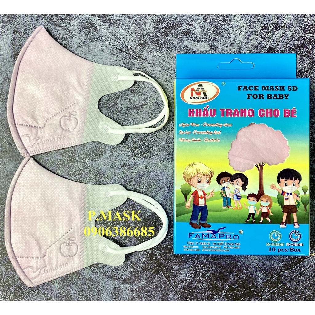 Khẩu trang cho Bé 5D FAMAPRO 3 lớp kháng khuẩn 10 cái / hộp màu Trắng / Xanh / Hồng