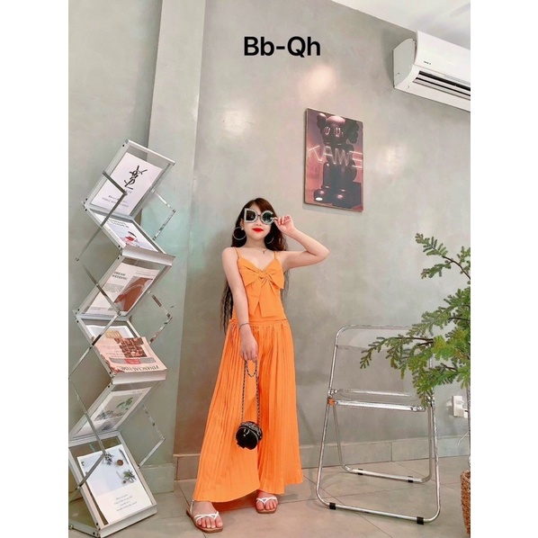 Bộ áo nơ ngực quần dập ly bé gái