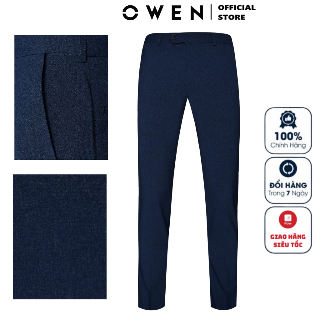 Quần Âu Nam Quần Tây Công Sở Cao Cấp Owen QRT23470 Dài Chân Dáng Suông Cạp Tăng Đơ Màu Xanh Navy Vải Polyester Mềm Mại