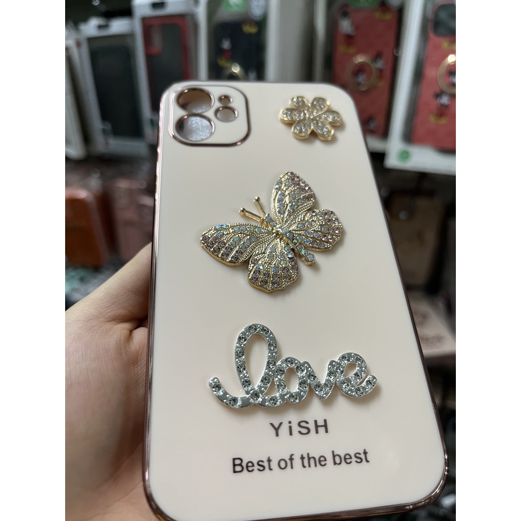 CUTE  Ốp lưng iphone cạnh vuông bảo vệ camera họa tiết Love bướm đính đá nổi 7 8 X XS 11 12 13 PLUS MAX