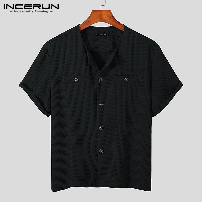 Áo sơ mi INCERUN ngắn tay nhiều màu thời trang Retro cho nam