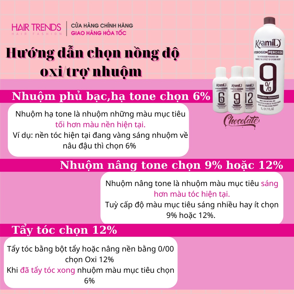 (CHÍNH HÃNG) Oxi nhuộm (trợ nhuộm) chống xót KAMI 1000ml - hương socola (chai to)