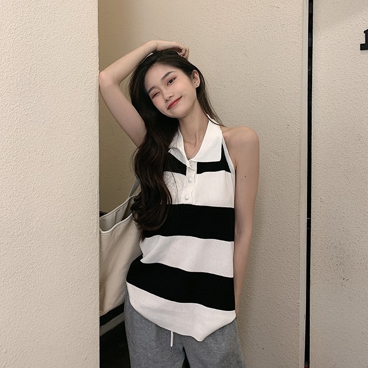 Áo Dệt Kim Cổ Yếm Dáng Rộng Kẻ Sọc Trắng Đen Thời Trang