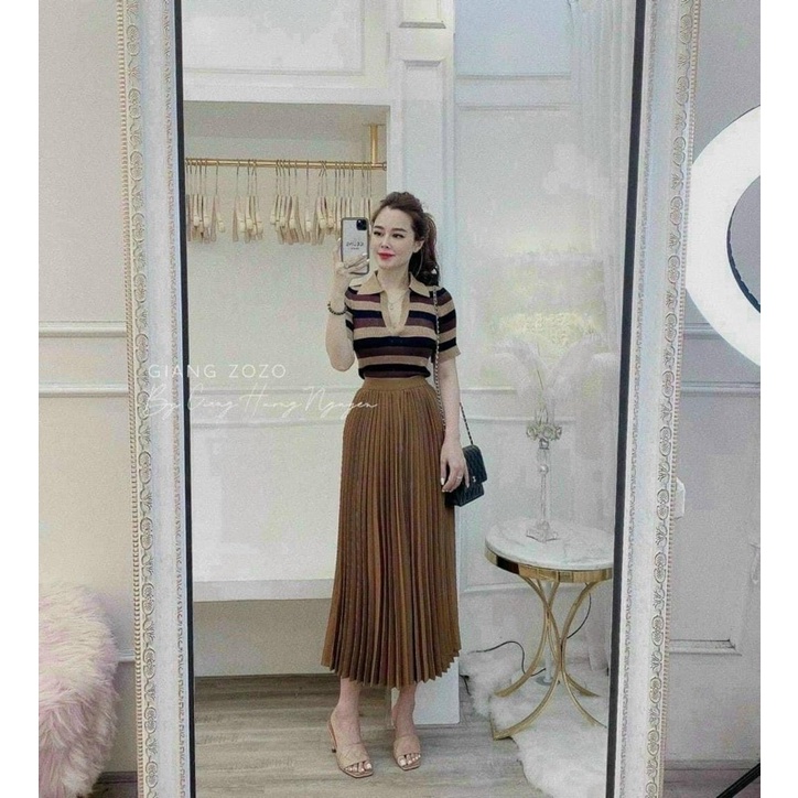 Áo len nữ cộc tay cổ bẻ kẻ ngang 3 màu