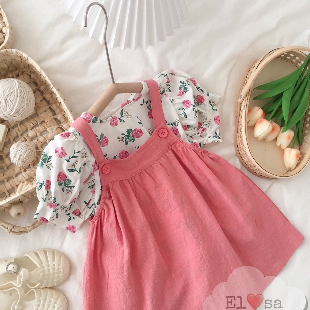 Váy bé gái - Set áo hoa kèm yếm 2 dây xinh xắn cho bé 1-5 Tuổi