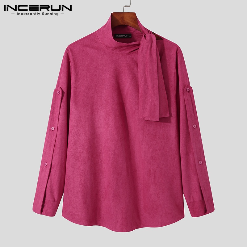 Áo INCERUN Dáng Rộng Tay Dài Cổ Phối Dây Thắt Màu Trơn Thời Trang Cho Nam