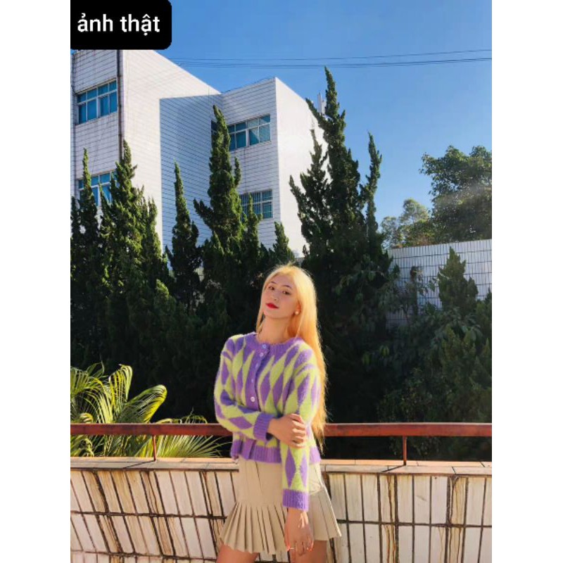 Áo khoác len hoạ tiết xanh tím cardigan IU