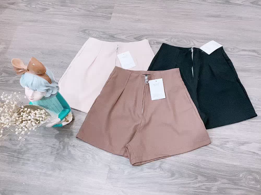 Quần short nữ ống rộng lưng cao khóa kéo trước quần đùi xếp ly vải tuyết mưa cao cấp màu be đen ulzzang | BigBuy360 - bigbuy360.vn
