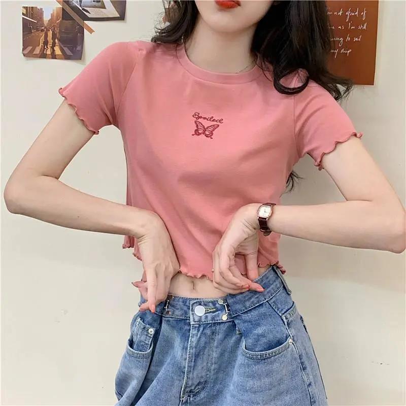 NRVP 2021 new summer high-waist short-sleeved t-shirt female slim and thin all-match blouse tees
