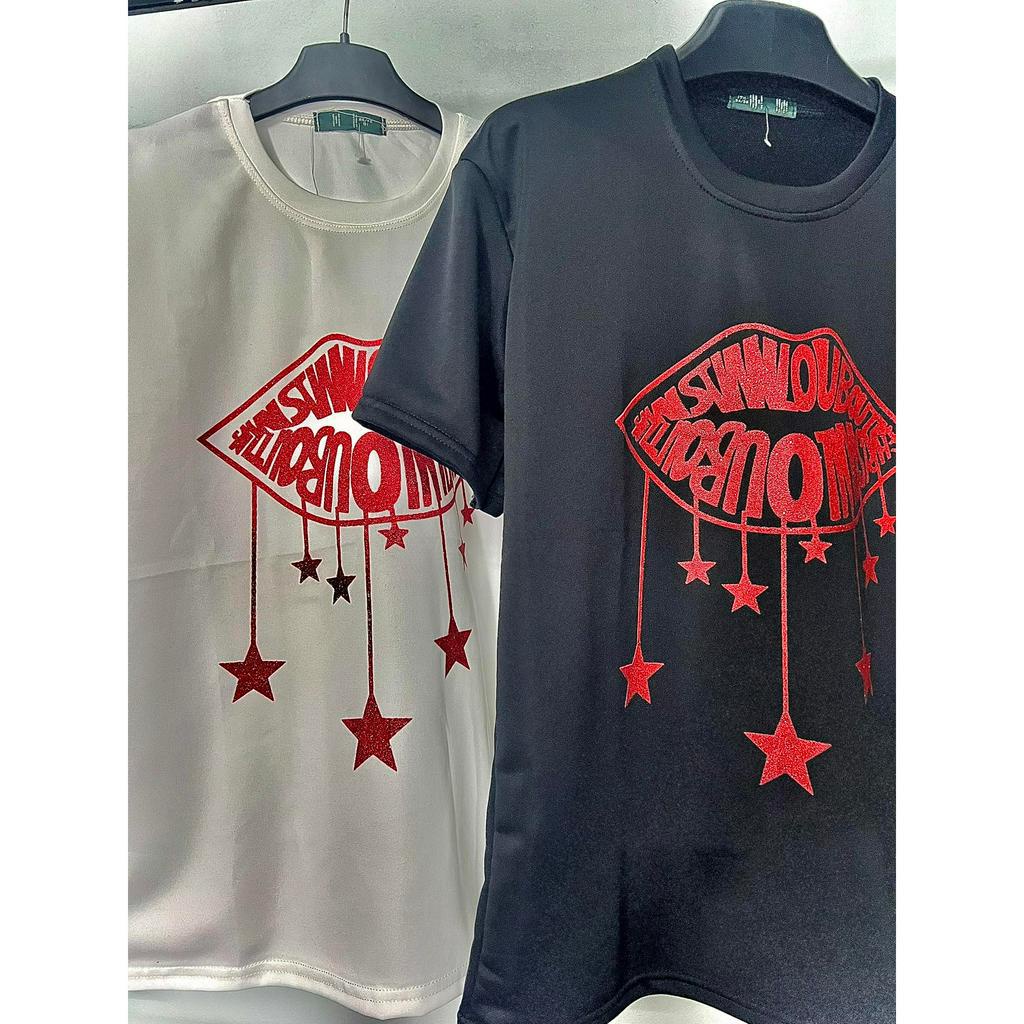 Áo thun cootong nam nữ in đôi môi ngôi sao trước kim tuyến,áo mùa hè ngắn tay cổ bo tròn