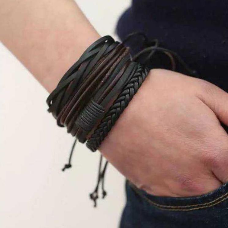 Vòng tay dây da bện màu đen cá tính cho nam