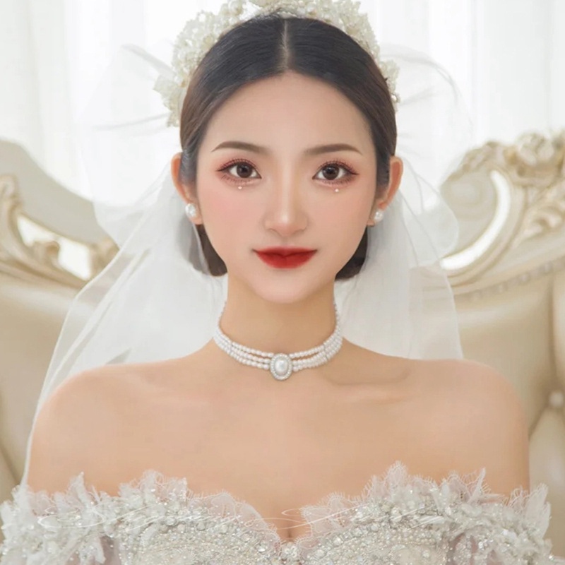 Vòng Cổ Choker Ba Tầng Đính Đá Ngọc Trai Giả Bằng Hợp Kim Phong Cách Baroque Hàn Quốc Sang Trọng Cá Tính Cho Nữ
