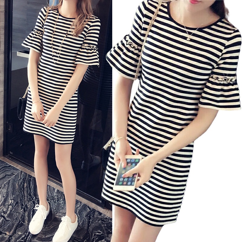 Đầm zxyouping thiết kế tay ngắn sọc ngang thoải mái và thoáng khí
