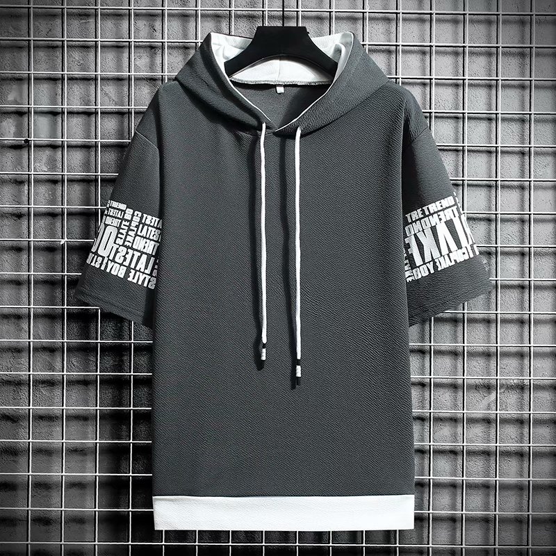 Áo Hoodie Nam Tay Ngắn Dáng Rộng Màu Trơn Phong Cách Hàn Quốc Size M-3Xl