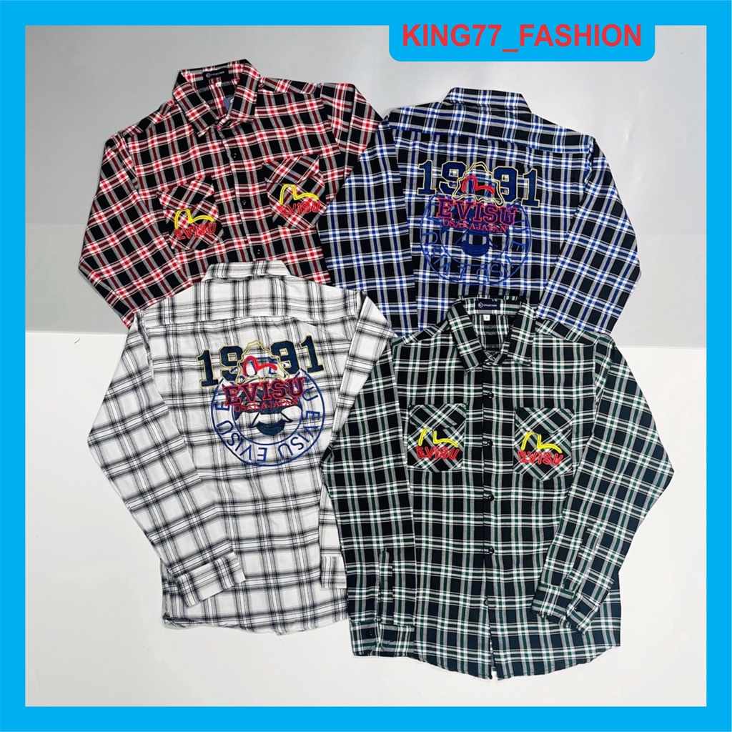 Áo sơ mi nam tay dài sọc caro vải nỉ thêu họa tiết EVISU siêu đẹp mẫu mới hàng cao cấp chuẩn shop uy tín