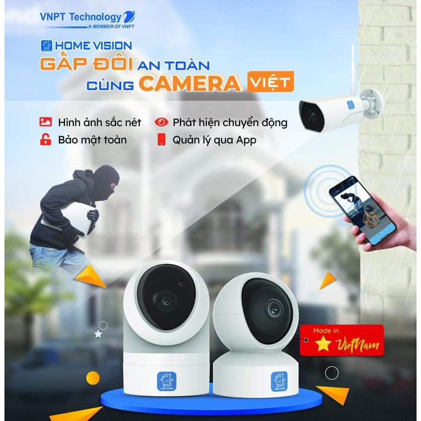 [Mã BMBAU300 giảm 7% đơn 499K] Camera IP Wifi VNPT Technology ONE HOME HVIP01 xoay 360 kèm thẻ 16Gb hàng Việt Nam