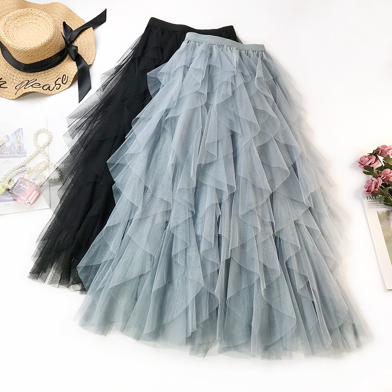 Váy xòe dài lớn dạng lưới xếp tầng lưng cao dáng chữ A không đều gợn sóng bồng bềnh phong cách công chúa ngọt ngào