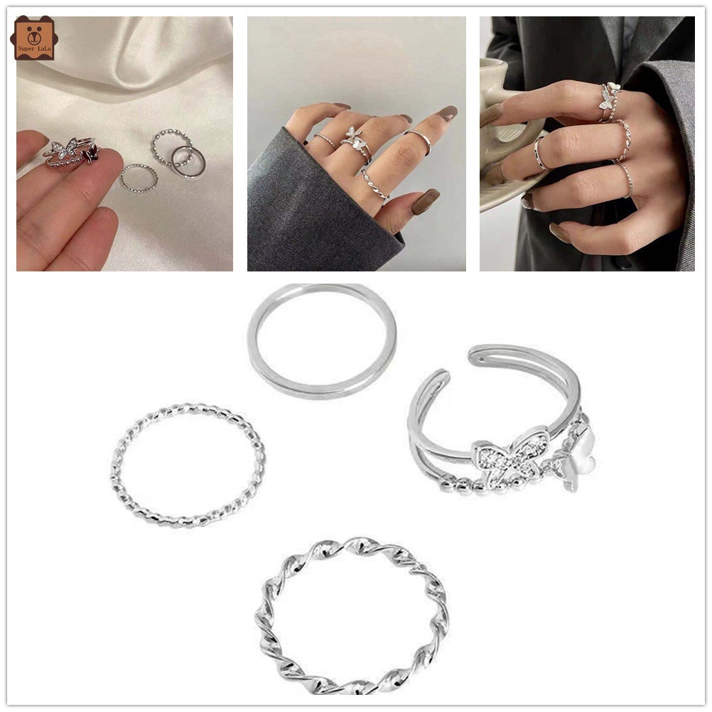 Set 4 Nhẫn Đeo Ngón Tay Phong Cách Hip Hop Mới Có Thể Điều Chỉnh