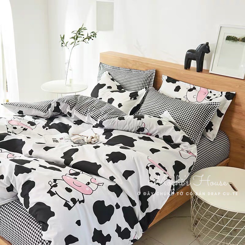 BỘ CHĂN GA GỐI COTON POLY MẪU CON BÒ SỮA SIÊU ĐÁNG YÊU DRAP GIƯỜNG