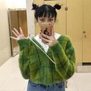 Vt Áo Cardigan len xanh hoạ tiết caro style Hàn Quốc
